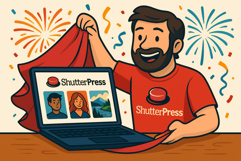 Illustration of ShutterPress photographer celebrating the launch of an online gallery for selling photos with WooCommerce.