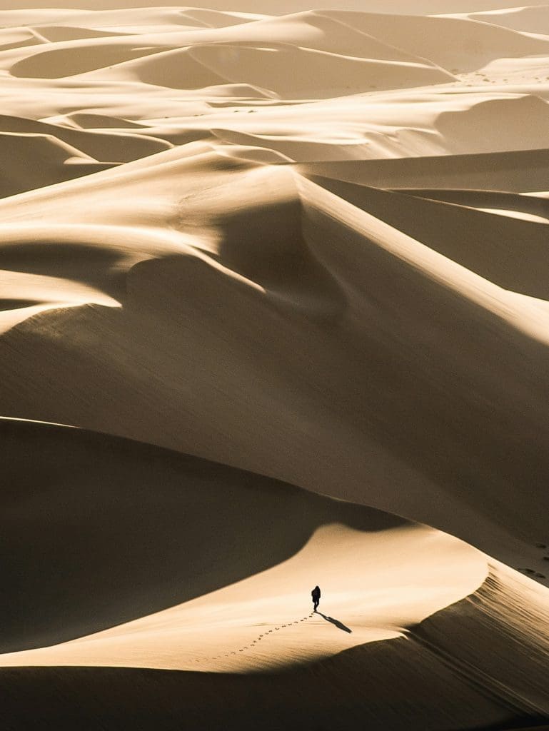 Photo by finding dan dan grinwis on unsplash Lone person walking across vast golden sand dunes with long shadows at sunset