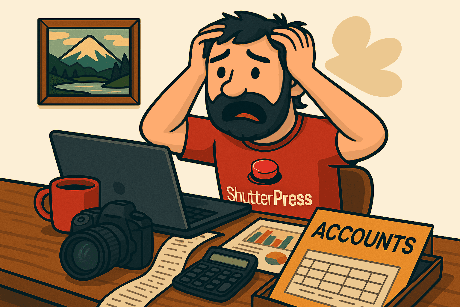 Illustration of ShutterPress photographer struggling with photography business accounts and finances.