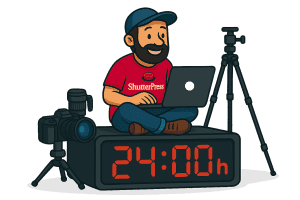 Illustration of ShutterPress photographer working on laptop with camera and tripod, showing 24/7 photo sales through WooCommerce galleries.