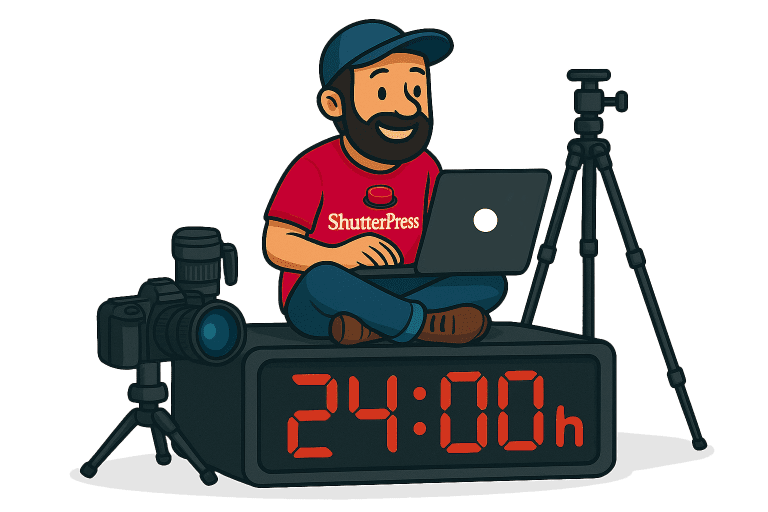 Illustration of ShutterPress photographer working on laptop with camera and tripod, showing 24/7 photo sales through WooCommerce galleries.