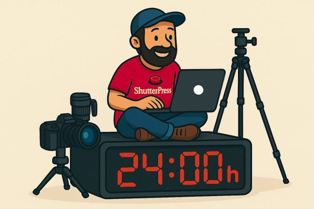 Illustration of ShutterPress photographer working on laptop with camera and tripod, showing 24/7 photo sales through WooCommerce galleries.