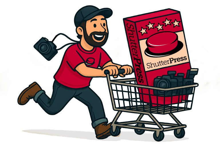 Illustration of photographer running with shopping cart full of cameras and ShutterPress plugin box, symbolising selling photos online with WooCommerce galleries.