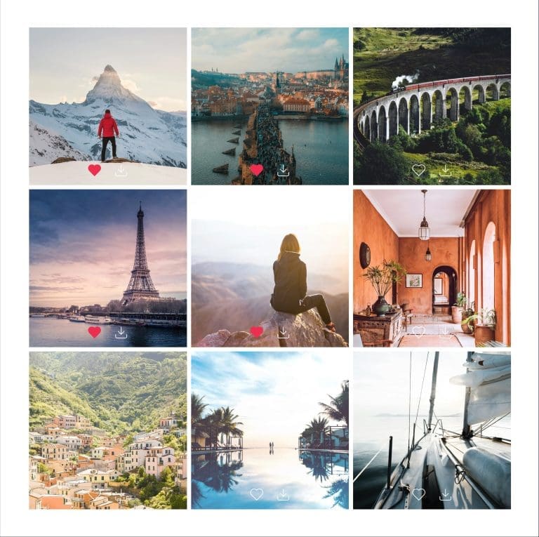 ShutterPress WooCommerce grid gallery example with photo thumbnails, showing travel and lifestyle images including mountains, Eiffel Tower, coastal towns, and sailing, with options to like or download.