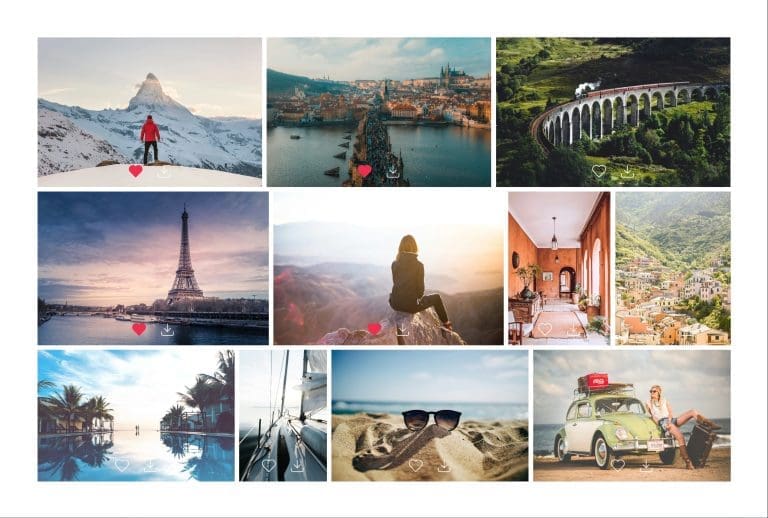 ShutterPress WooCommerce justified gallery grid showing travel photography including the Matterhorn, Prague bridge, Scottish steam train viaduct, Eiffel Tower, mountain hiker, Italian village, tropical resort, sailing boat, beach sunglasses, and vintage car, with like and download icons.