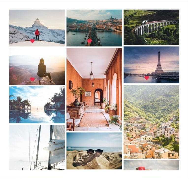 ShutterPress WooCommerce masonry gallery layout showing travel and lifestyle photos including mountains, cityscapes, Eiffel Tower, Italian coastal village, sailing, beach with sunglasses, poolside resort, and interior design, with like and download icons