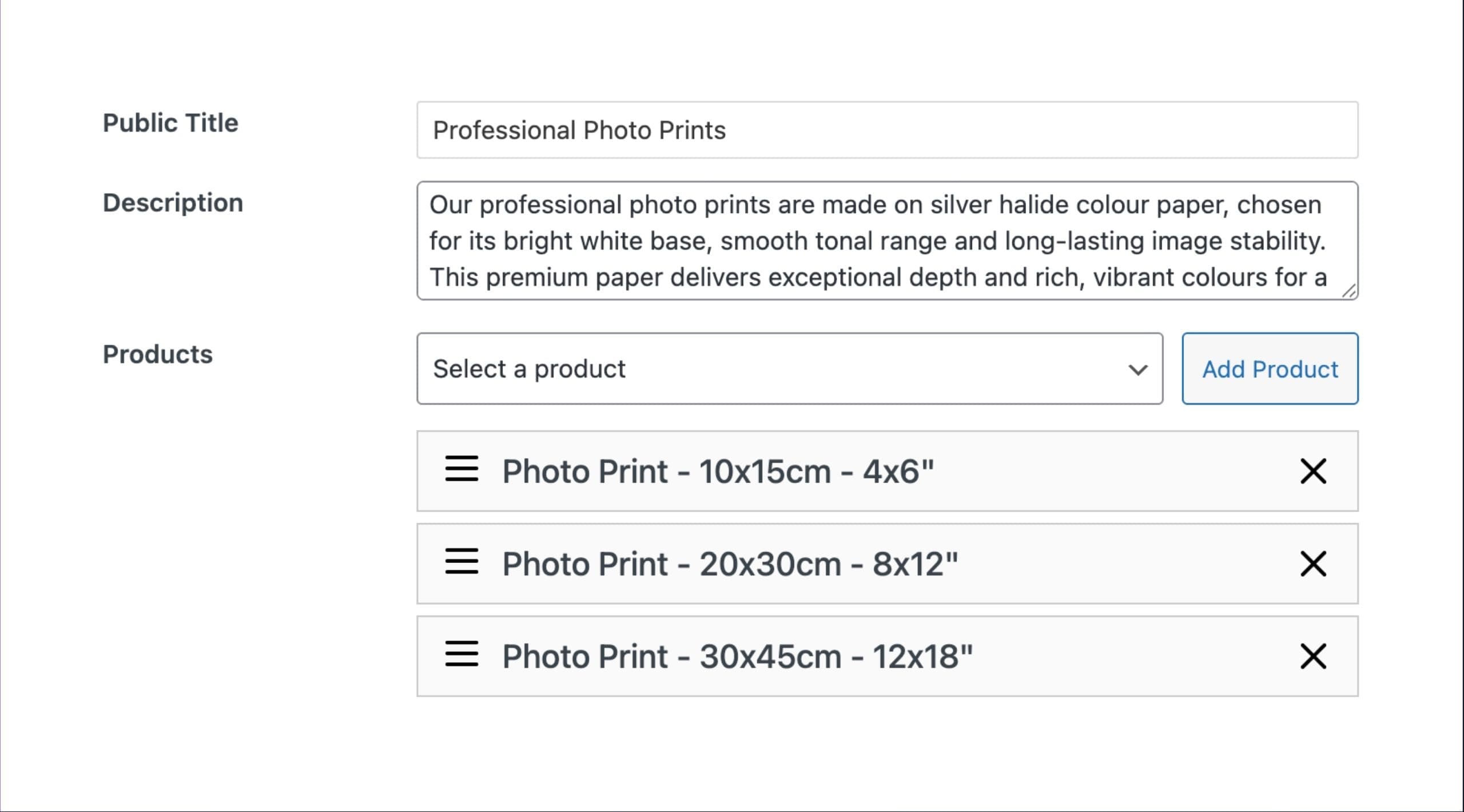 ShutterPress WooCommerce product setup for professional photo prints, showing product title, description, and print sizes including 4x6, 8x12, and 12x18.
