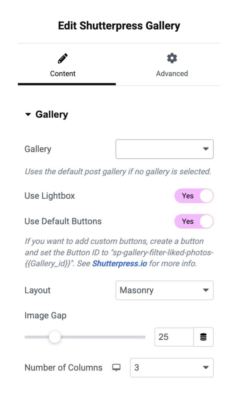ShutterPress Elementor Settings